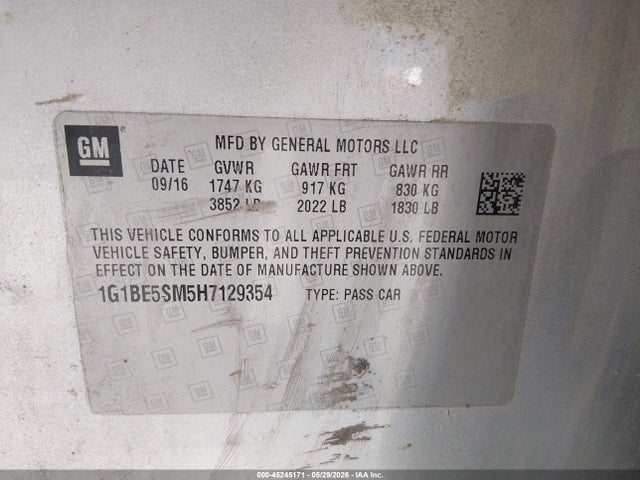 Продажа на аукционе авто 2017 Chevrolet Cruze Lt Auto, vin: 1G1BE5SM5H7129354, номер лота: 45245171