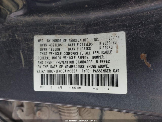 Aukcja sprzedaży 2014 Honda Accord Ex-l, vin: 1HGCR2F83EA193887, numer aukcji: 45245184