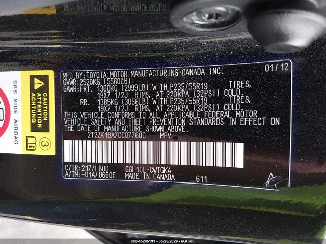 45245191 :رقم المزاد ، 2T2ZK1BA7CC077600 vin ، 2012 Lexus Rx 350 مزاد بيع