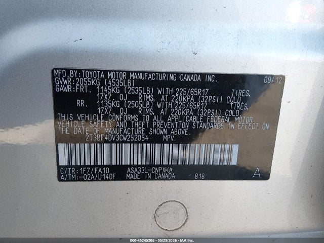 2012 Toyota Rav4 მანქანა იყიდება აუქციონზე, vin: 2T3BF4DV3CW252054, აუქციონის ნომერი: 45245205