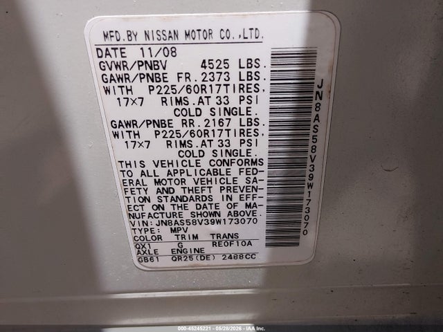 45245221 :رقم المزاد ، JN8AS58V39W173070 vin ، 2009 Nissan Rogue Sl مزاد بيع