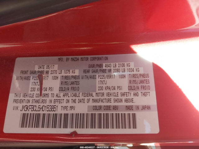 45245227 :رقم المزاد ، JM3KFBCL6H0153851 vin ، 2017 Mazda Cx-5 Touring مزاد بيع