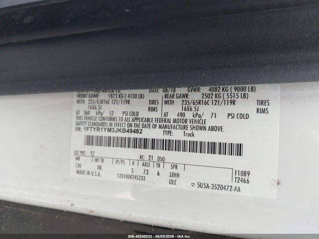 Aukcja sprzedaży 2018 Ford Transit-250, vin: 1FTYR1YM3JKB49482, numer aukcji: 45245233