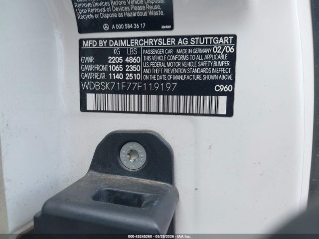 45245260 :رقم المزاد ، WDBSK71F77F119197 vin ، 2007 Mercedes-benz Sl 550 مزاد بيع