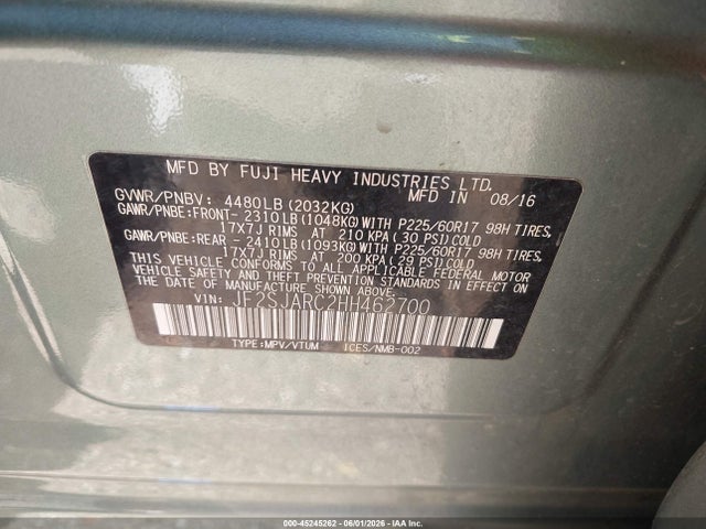 Aukcja sprzedaży 2017 Subaru Forester 2.5i Limited, vin: JF2SJARC2HH462700, numer aukcji: 45245262