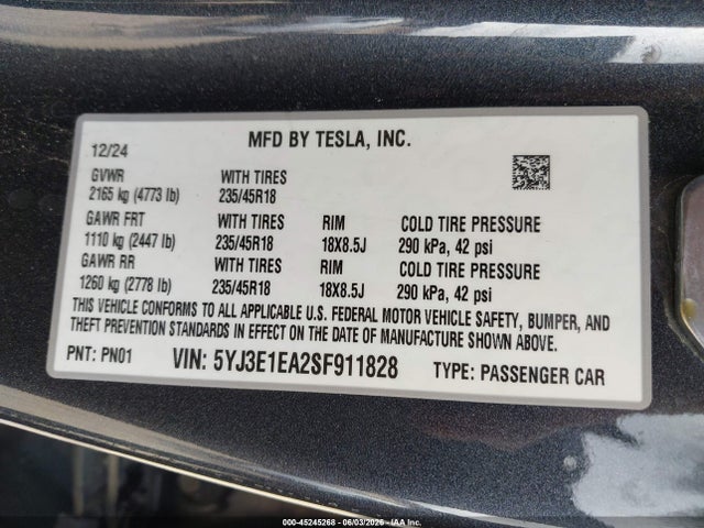 2025 Tesla Model 3 Long Range Rear-wheel Drive მანქანა იყიდება აუქციონზე, vin: 5YJ3E1EA2SF911828, აუქციონის ნომერი: 45245268