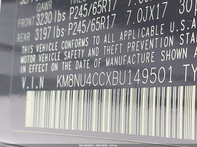 45245274 :رقم المزاد ، KM8NU4CCXBU149501 vin ، 2011 Hyundai Veracruz Gls مزاد بيع