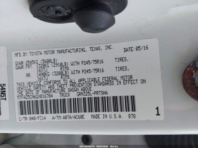 2016 Toyota Tacoma Sr5 V6 მანქანა იყიდება აუქციონზე, vin: 5TFAZ5CN6GX016784, აუქციონის ნომერი: 45245279