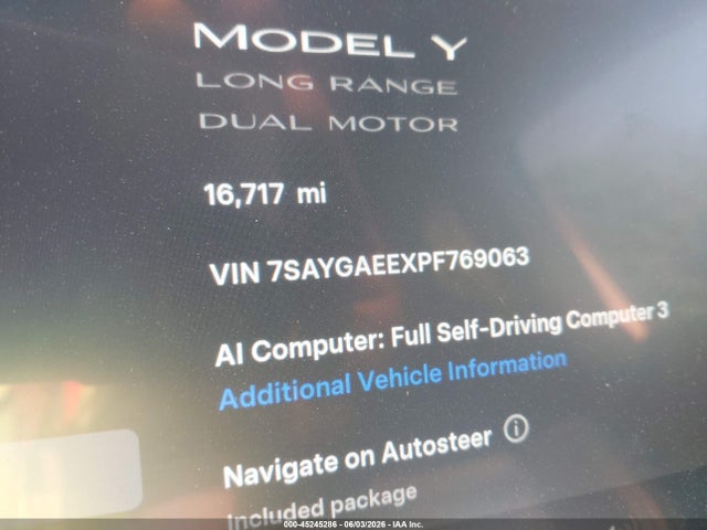 Aukcja sprzedaży 2023 Tesla Model Y Awd/long Range Dual Motor All-wheel Drive, vin: 7SAYGAEEXPF769063, numer aukcji: 45245286