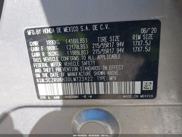 Aukcja sprzedaży 2020 Honda Hr-v Awd Lx, vin: 3CZRU6H30LM723422, numer aukcji: 45245293