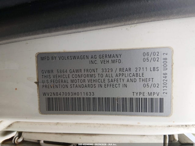 45245300 :رقم المزاد ، WV2NB47093H011633 vin ، 2003 Volkswagen Eurovan Mv مزاد بيع