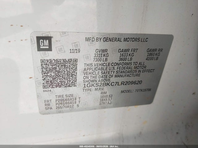 45245305 :رقم المزاد ، 1GKS2BKC7LR209620 vin ، 2020 Gmc Yukon 4wd Slt مزاد بيع