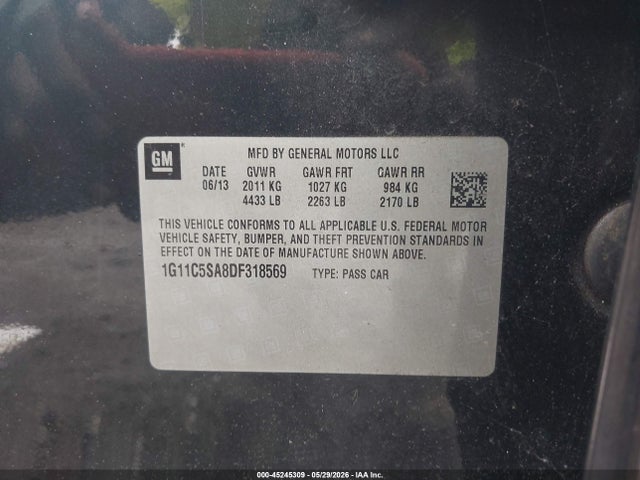 45245309 :رقم المزاد ، 1G11C5SA8DF318569 vin ، 2013 Chevrolet Malibu 1lt مزاد بيع