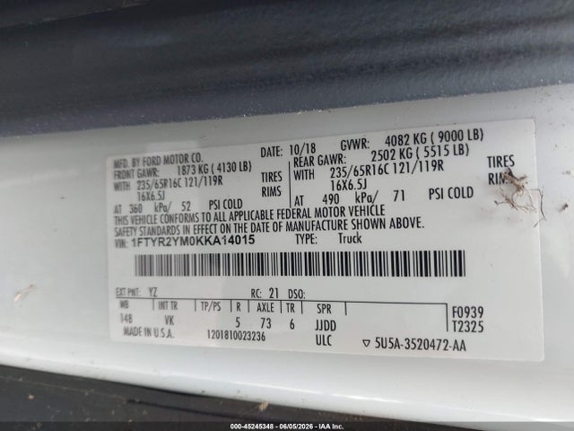 Aukcja sprzedaży 2019 Ford Transit-250, vin: 1FTYR2YM0KKA14015, numer aukcji: 45245348