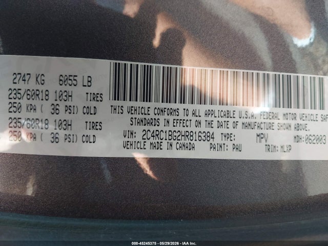 Продажа на аукционе авто 2017 Chrysler Pacifica Touring-l, vin: 2C4RC1BG2HR816384, номер лота: 45245375