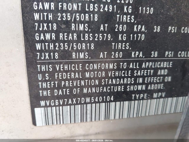 45245377 :رقم المزاد ، WVGBV7AX7DW540104 vin ، 2013 Volkswagen Tiguan Se مزاد بيع