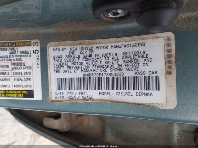 Aukcja sprzedaży 2007 Toyota Corolla Le, vin: 1NXBR32E47Z850303, numer aukcji: 45245396