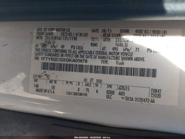 Auction sale of the 2016 Ford Transit-250, vin: 1FTYR2CGXGKA00678, lot number: 45245402