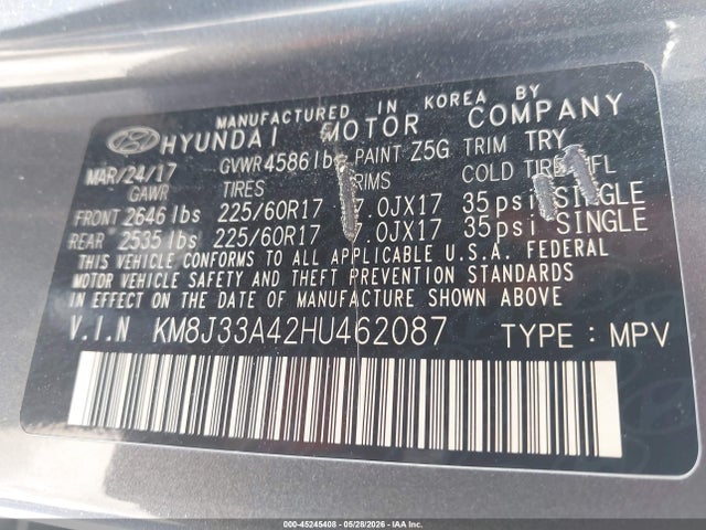 Продажа на аукционе авто 2017 Hyundai Tucson Se, vin: KM8J33A42HU462087, номер лота: 45245408
