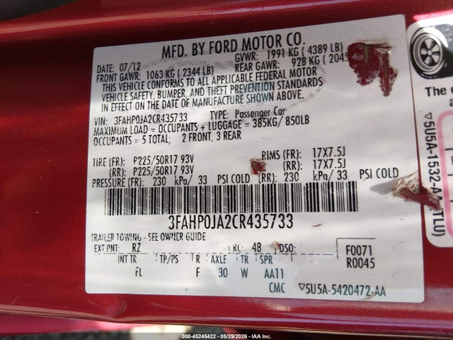 Продажа на аукционе авто 2012 Ford Fusion Sel, vin: 3FAHP0JA2CR435733, номер лота: 45245422