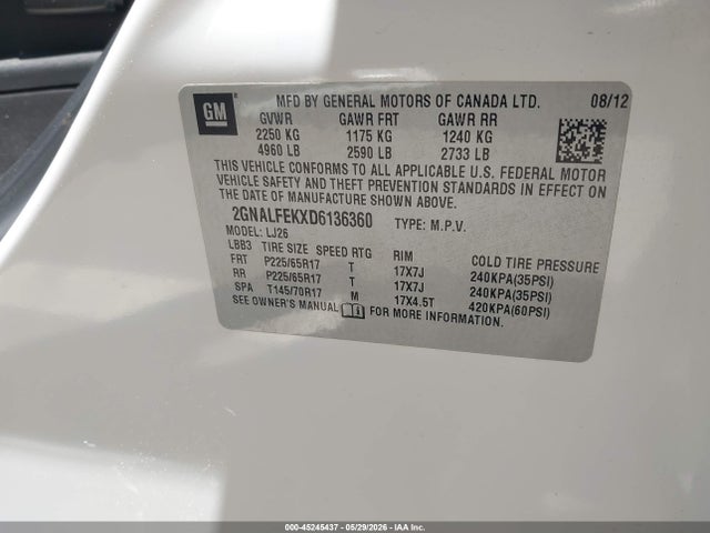 Продажа на аукционе авто 2013 Chevrolet Equinox Ltz, vin: 2GNALFEKXD6136360, номер лота: 45245437