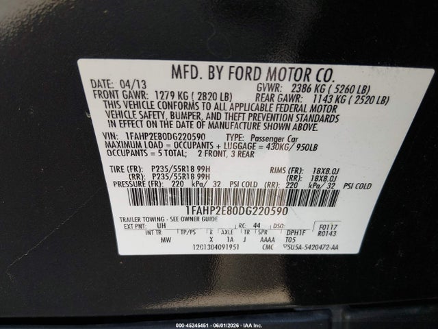 Aukcja sprzedaży 2013 Ford Taurus Sel, vin: 1FAHP2E80DG220590, numer aukcji: 45245451