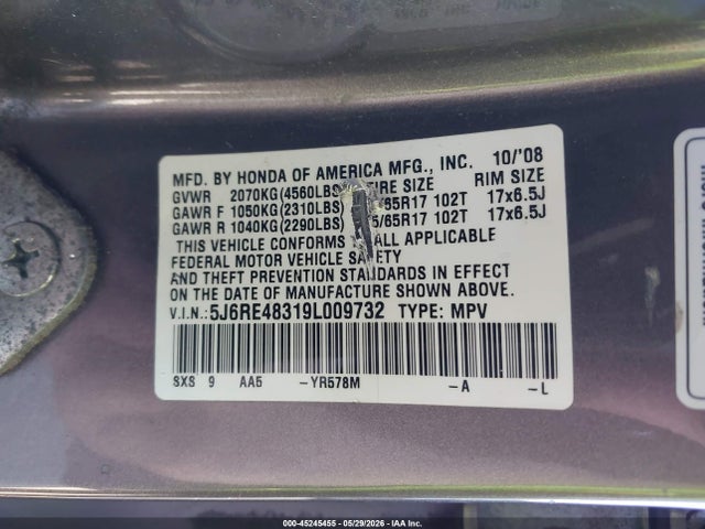 45245455 :رقم المزاد ، 5J6RE48319L009732 vin ، 2009 Honda Cr-v Lx مزاد بيع