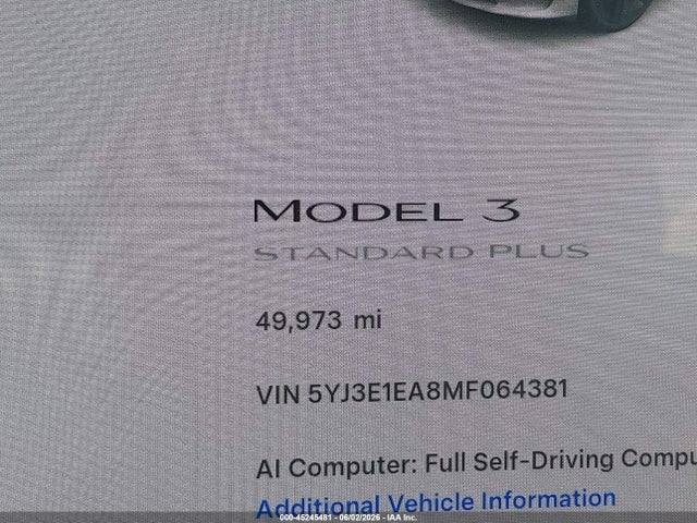 Aukcja sprzedaży 2021 Tesla Model 3 Standard Range Plus Rear-wheel Drive, vin: 5YJ3E1EA8MF064381, numer aukcji: 45245481