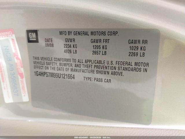 45245491 :رقم المزاد ، 1G4HP57M99U121664 vin ، 2009 Buick Lucerne Cx-2 مزاد بيع