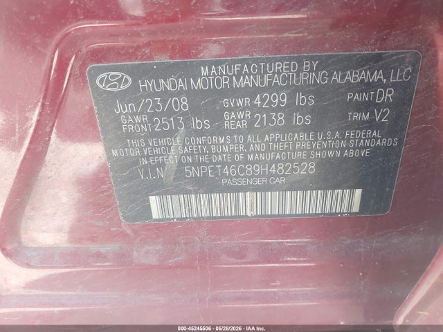 45245506 :رقم المزاد ، 5NPET46C89H482528 vin ، 2009 Hyundai Sonata Gls مزاد بيع