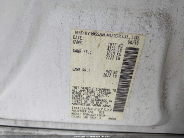 Aukcja sprzedaży 2016 Nissan Altima 2.5 S, vin: 1N4AL3AP8GC257527, numer aukcji: 45245514