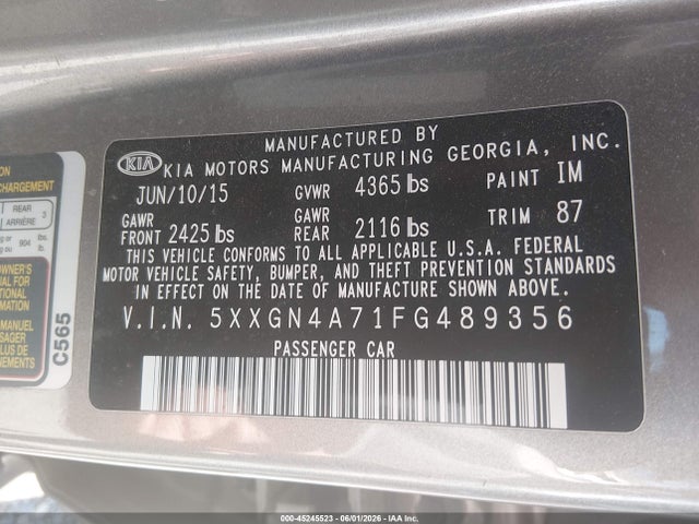 2015 Kia Optima Ex მანქანა იყიდება აუქციონზე, vin: 5XXGN4A71FG489356, აუქციონის ნომერი: 45245523