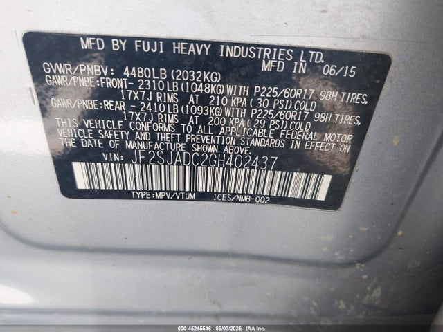 Aukcja sprzedaży 2016 Subaru Forester 2.5i Premium, vin: JF2SJADC2GH402437, numer aukcji: 45245546