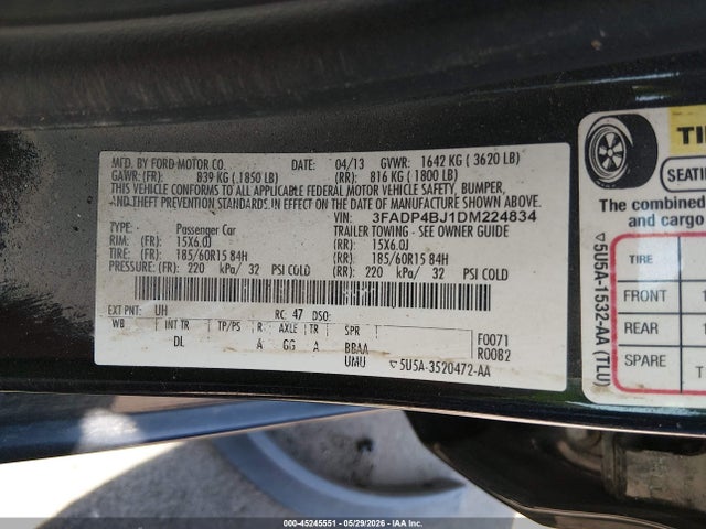 45245551 :رقم المزاد ، 3FADP4BJ1DM224834 vin ، 2013 Ford Fiesta Se مزاد بيع