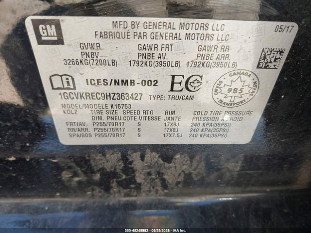 Продаж на аукціоні авто 2017 Chevrolet Silverado 1500 1lt, vin: 1GCVKREC9HZ363427, номер лоту: 45245552