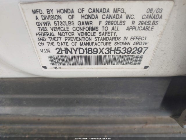 45245561 :رقم المزاد ، 2HNYD189X3H539297 vin ، 2003 Acura Mdx مزاد بيع