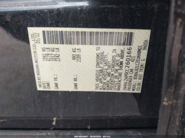 Aukcja sprzedaży 2012 Nissan Altima 2.5 S, vin: 1N4AL2AP0CC260166, numer aukcji: 45245567