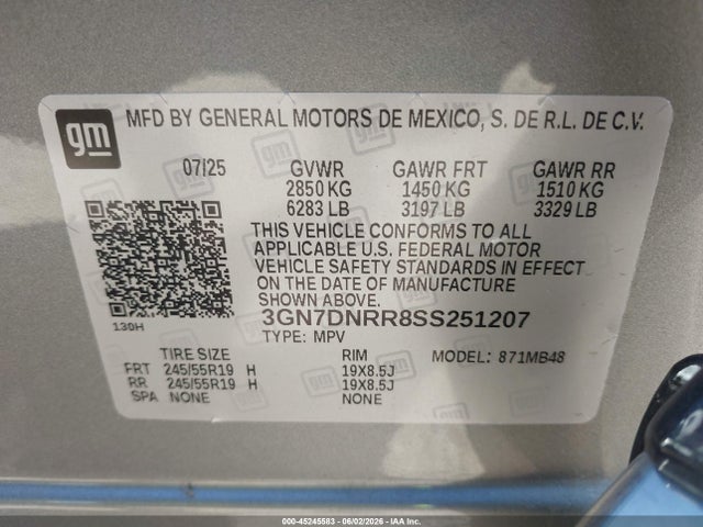 Aukcja sprzedaży 2025 Chevrolet Equinox Ev Lt 2, vin: 3GN7DNRR8SS251207, numer aukcji: 45245583