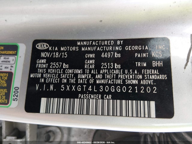 Aukcja sprzedaży 2016 Kia Optima Lx, vin: 5XXGT4L30GG021202, numer aukcji: 45245602