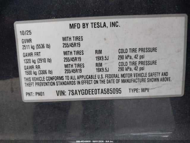 Продаж на аукціоні авто 2026 Tesla Model Y All-wheel Drive/long Range Launch Series/premium All-wheel Drive, vin: 7SAYGDEE0TA585095, номер лоту: 45245609