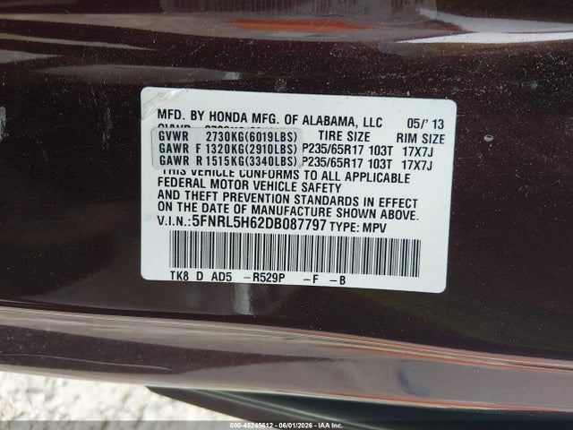 Aukcja sprzedaży 2013 Honda Odyssey Ex-l, vin: 5FNRL5H62DB087797, numer aukcji: 45245612