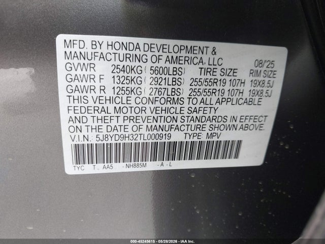 45245615 :رقم المزاد ، 5J8YD9H32TL000919 vin ، 2026 Acura Mdx Standard مزاد بيع