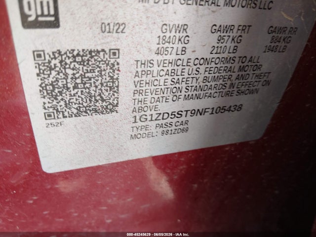 2022 Chevrolet Malibu Fwd Lt მანქანა იყიდება აუქციონზე, vin: 1G1ZD5ST9NF105438, აუქციონის ნომერი: 45245629