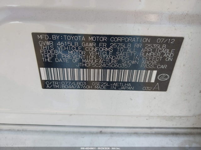 Продажа на аукционе авто 2012 Lexus Is 250, vin: JTHCF5C24C5060357, номер лота: 45245631