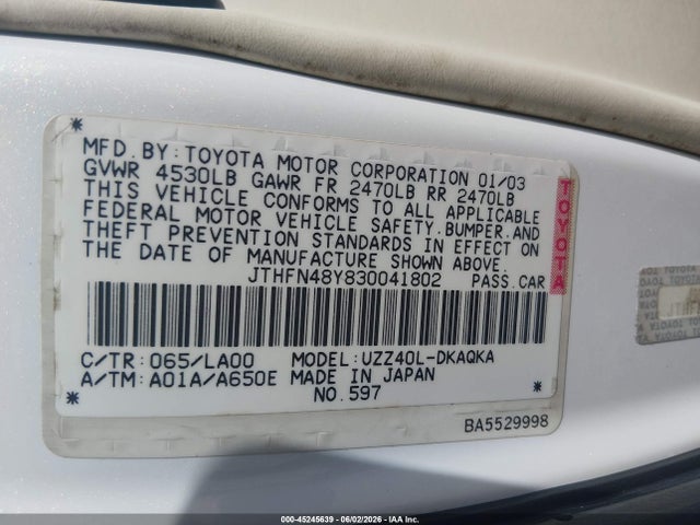 Auction sale of the 2003 Lexus Sc 430, vin: JTHFN48Y830041802, lot number: 45245639