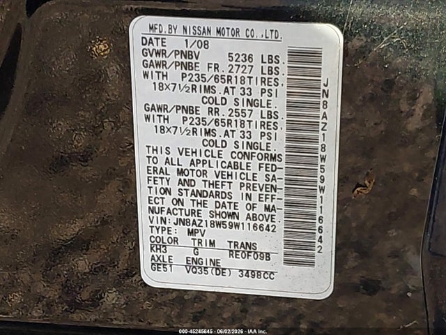 45245645 :رقم المزاد ، JN8AZ18W59W116642 vin ، 2009 Nissan Murano Sl مزاد بيع