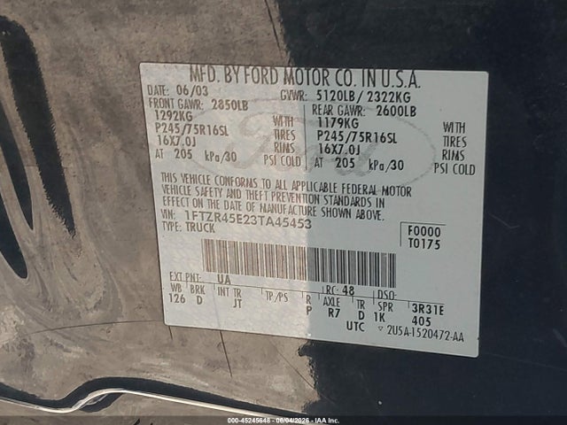 Продаж на аукціоні авто 2003 Ford Ranger Edge/xlt, vin: 1FTZR45E23TA45453, номер лоту: 45245648