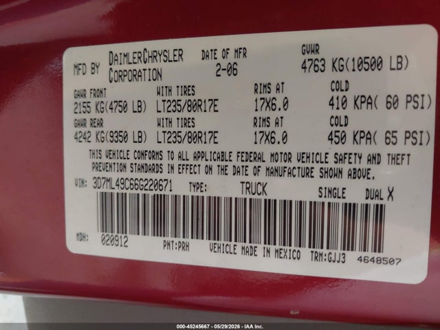 Aukcja sprzedaży 2006 Dodge Ram 3500 Laramie, vin: 3D7ML49C66G220671, numer aukcji: 45245667