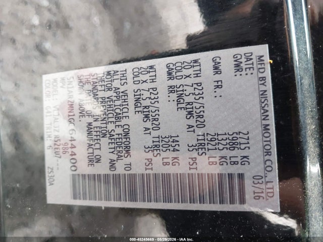 5N1AR2MN1GC644400 Nissan Pathfinder Platinum