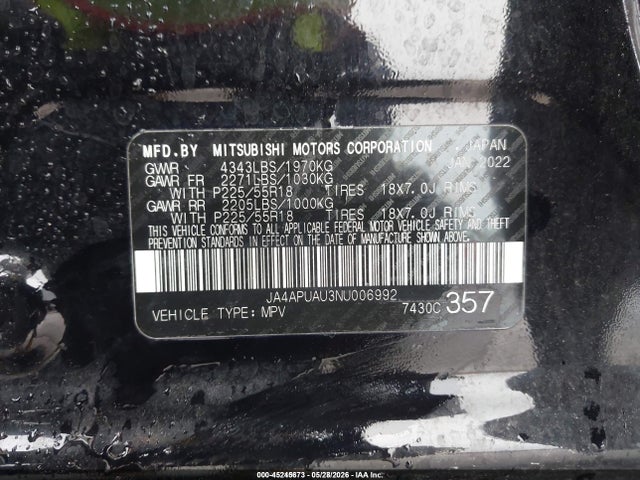 45245673 :رقم المزاد ، JA4APUAU3NU006992 vin ، 2022 Mitsubishi Outlander Sport 2.0 Be 2wd/2.0 Es 2wd/2.0 Le 2wd/2.0 S 2wd مزاد بيع